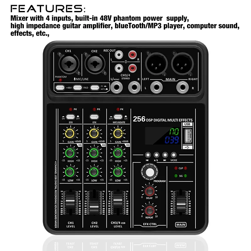 Audio Mixer 4 Channel - Mixer Audio con Interfaccia Bluetooth USB
